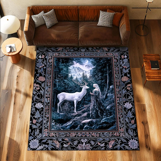 Goddess of the Woods Area Rug Botanical Cottagecore Medieval Deer Magic Romantic Decor