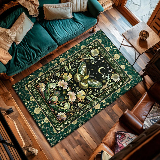 Cottagecore Moth Rug Dark Green