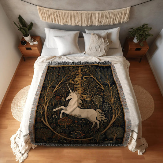 Unicorn Art Woven Throw Tapestry Medieval Fairycore Aesthetic