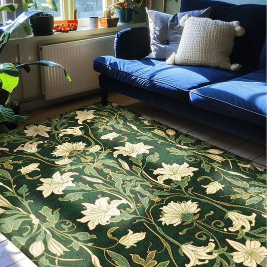 Floral Aesthetic Forest Green Rug Nordic Pastel Cottagecore