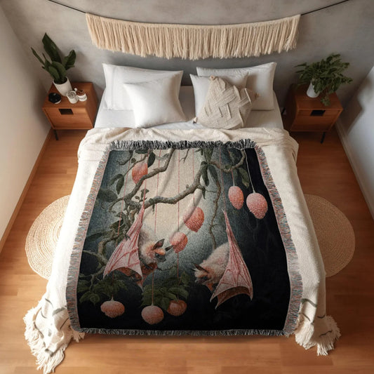 Pastel Pink Bat Woven Throw Tapestry Whimsical Dark Academia Decor Gothic