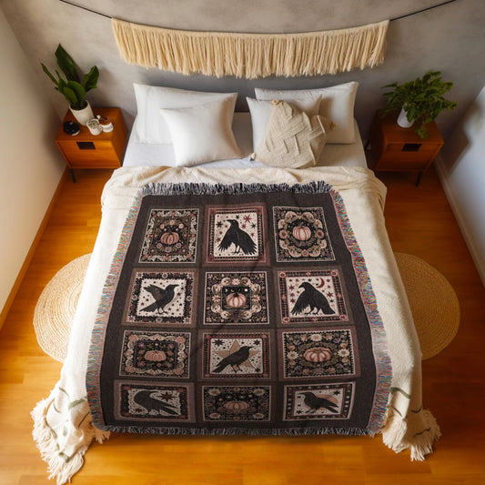 Crow Pumpkin Farmhouse Woven Throw Tapestry Retro Cottagecore Witch Decor