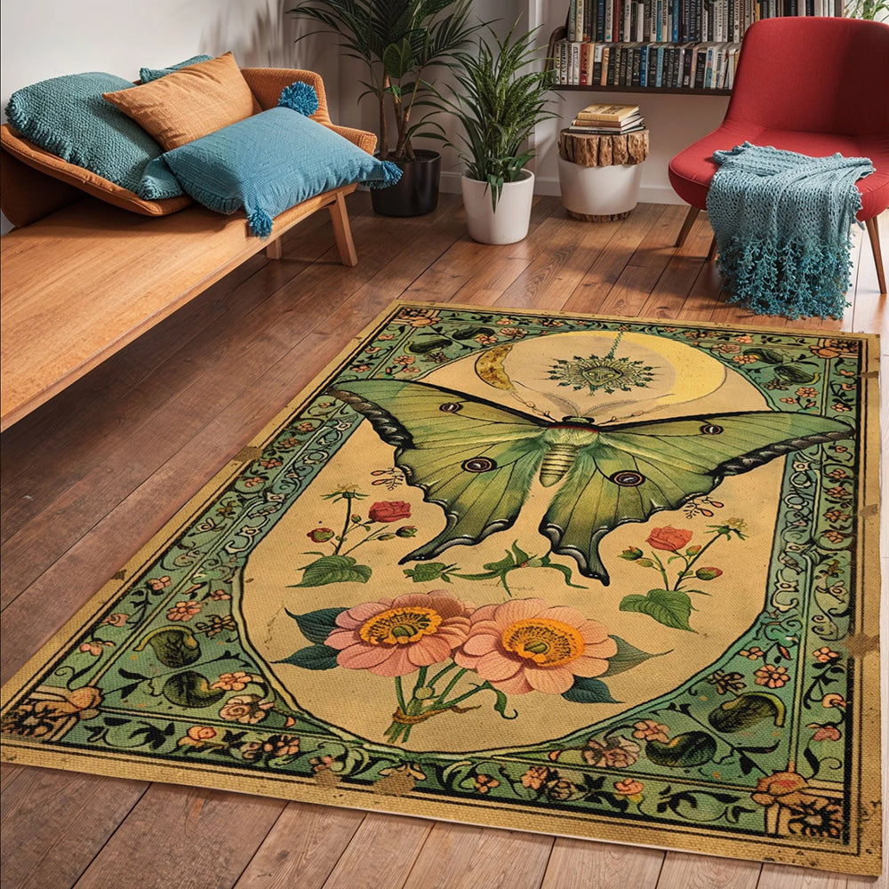 Floral Green Luna Moth Butterfly Rug Machine Washable