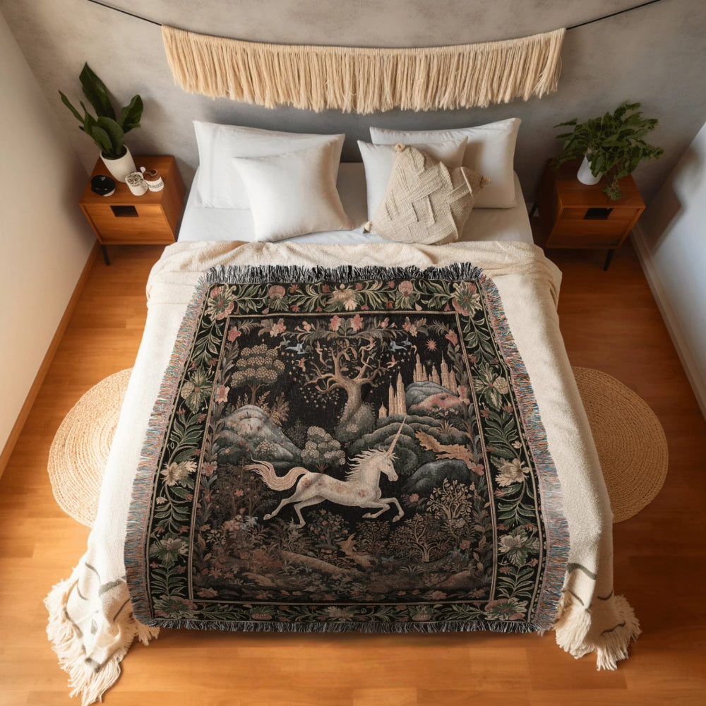 Fairytale Unicorn Woven Throw Tapestry Folklore Aesthetic