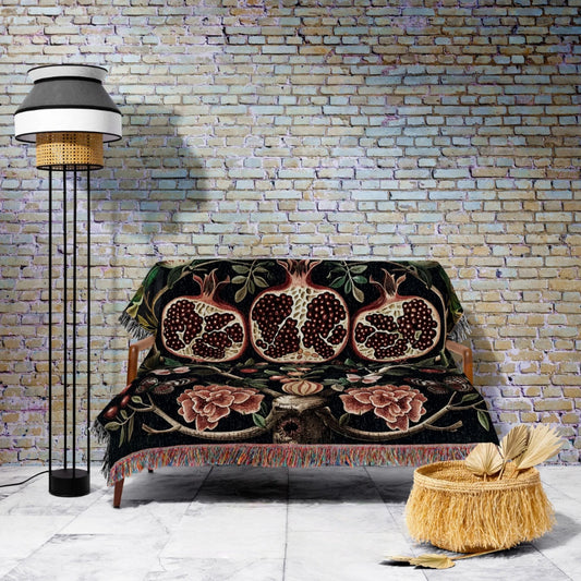Botanical Pomegranate Woven Throw Tapestry Vintage Cottagegoth Gothic Decor