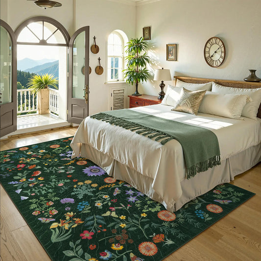 Floral Green Rug Machine Washable