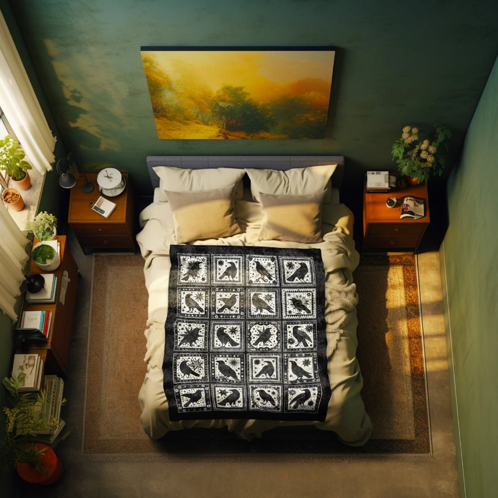 Retro Gothic Crow Throw Blanket Witchy Gothic Aesthetic