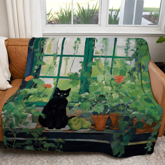 Botanical Cat Throw Blanket Cottagecore Vintage Art