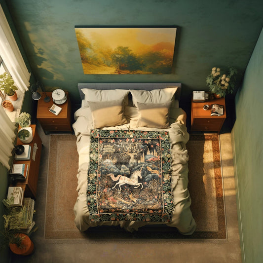 Fairytale Unicorn Throw Blanket Folklore Aesthetic Morris Inspired