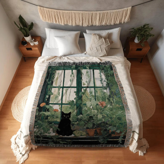 Botanical Cat Woven Tapestry Cottagecore Vintage Art