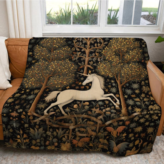 Medieval Unicorn Art Throw Blanket Whimsical Fairycore Aesthetic
