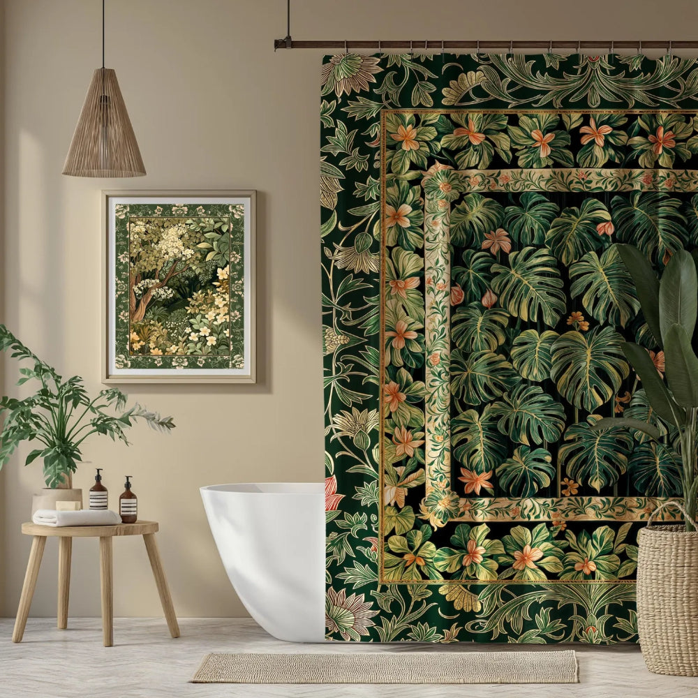 Monstera Shower Curtain Maximalist Aesthetic Emerald Green