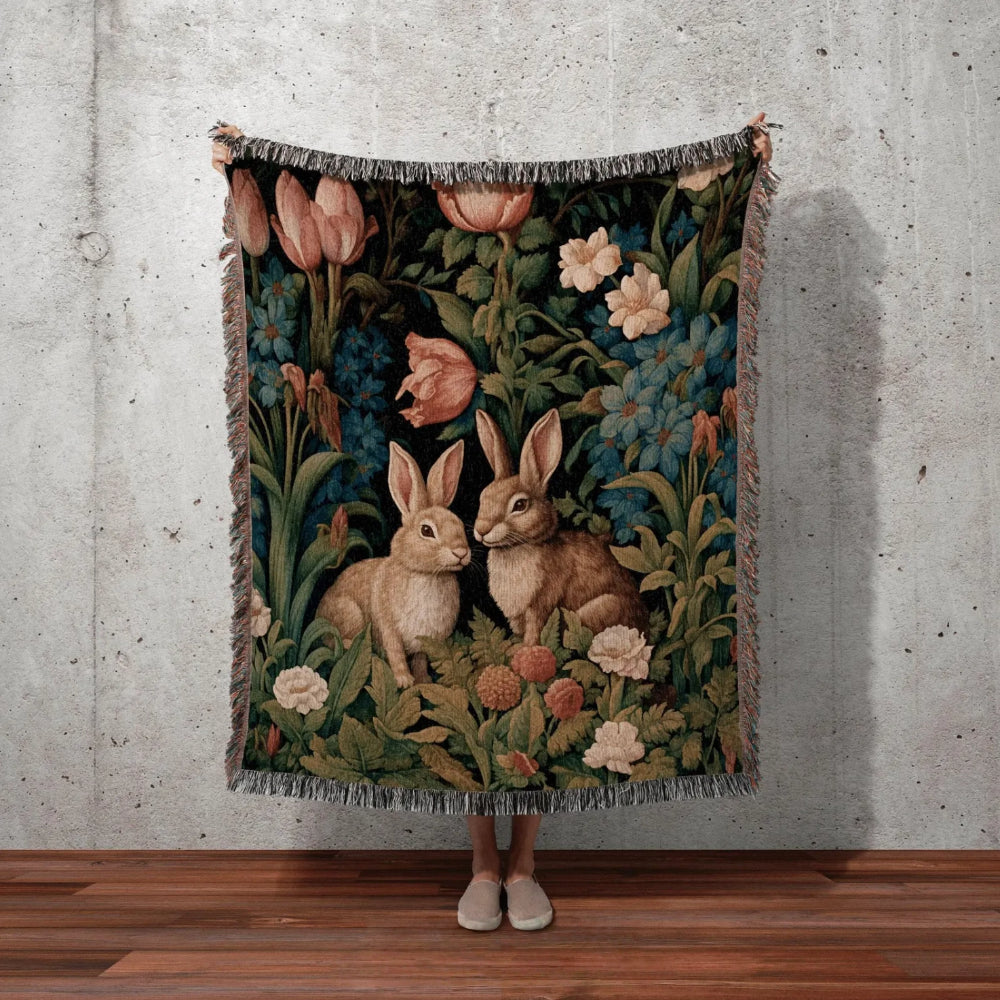 Wildflower Bunny Woven Throw Tapestry Dark Academia Botanical