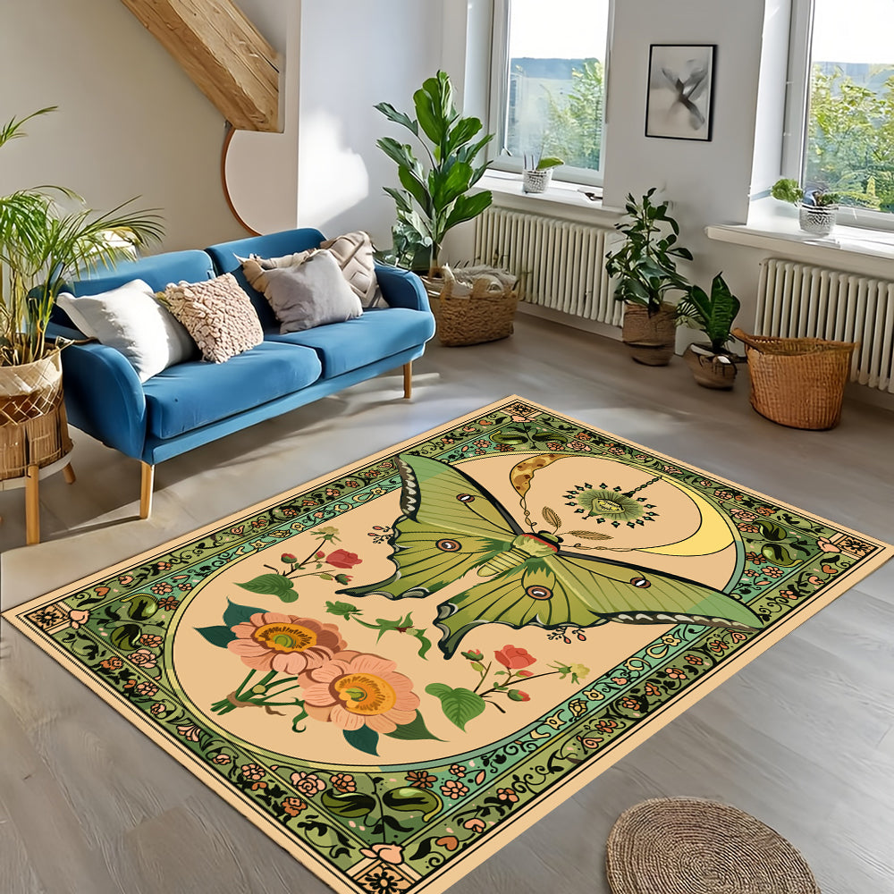 Floral Green Luna Moth Butterfly Rug Machine Washable