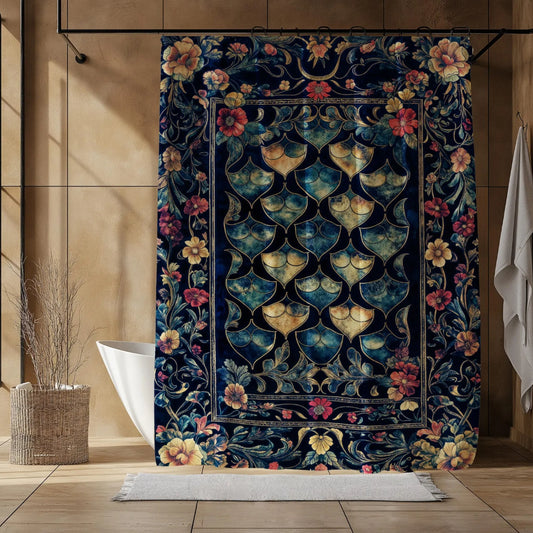 Medieval Dragon Scale Victorian Shower Curtain Dark Navy Blue
