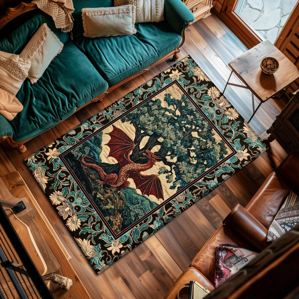 Dark Magic Medieval Dragon Area Rug Fantasy Aesthetic Tree of Life