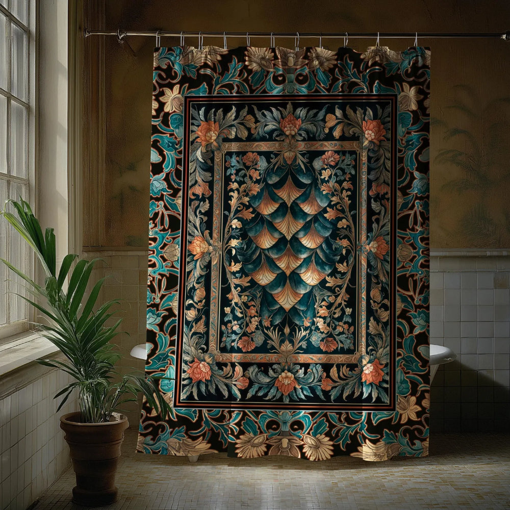Medieval Colorful Dragon Scales Shower Curtain Dark Academia Baroque