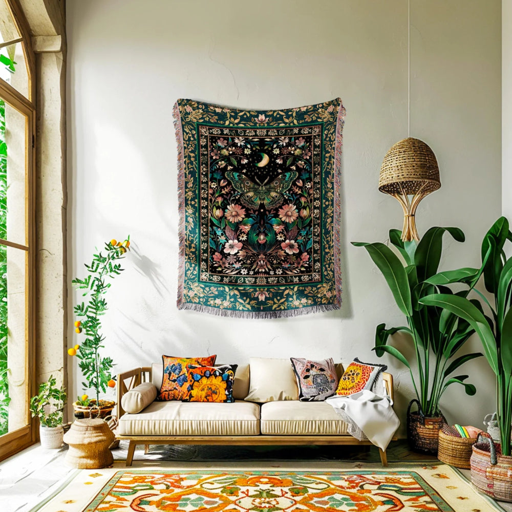 Mystic Moonlit Garden Moth Woven Throw Tapestry