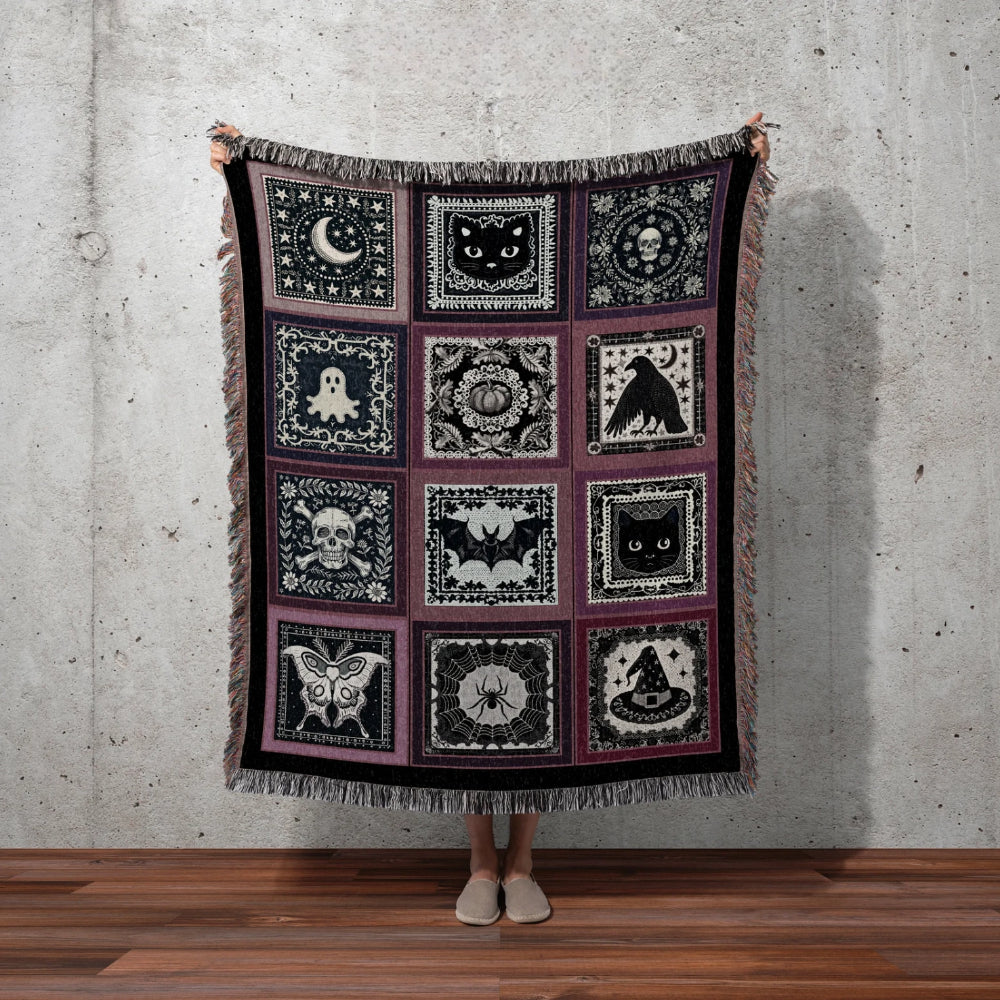 Pumpkin Bat Ghost Woven Throw Tapestry Retro Spooky Season Gift