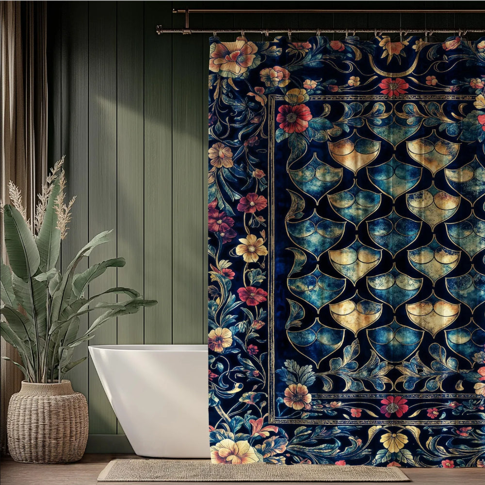 Medieval Dragon Scale Victorian Shower Curtain Dark Navy Blue