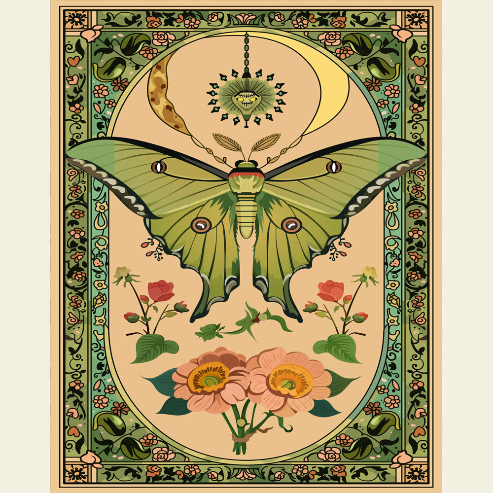 Floral Green Luna Moth Butterfly Rug Machine Washable