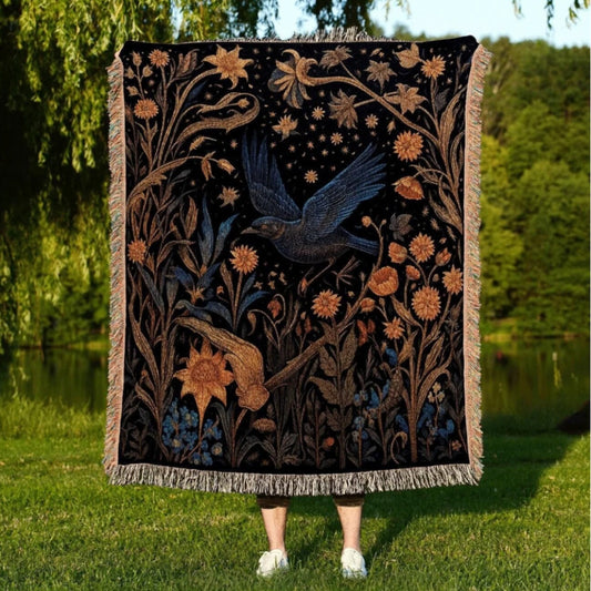 Dark Cottagecore Crow Woven Throw Tapestry Woodland Aesthetic