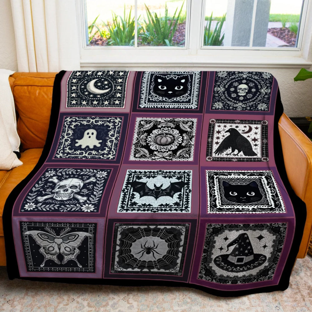 Pumpkin Bat Ghost Throw Blanket Gothic Witchy Purple