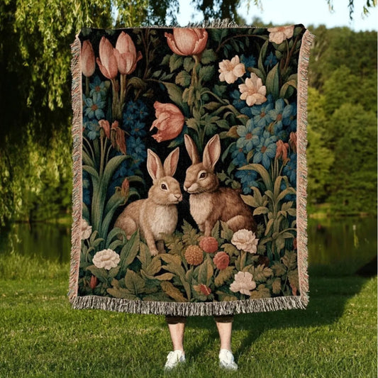 Wildflower Bunny Woven Throw Tapestry Dark Academia Botanical