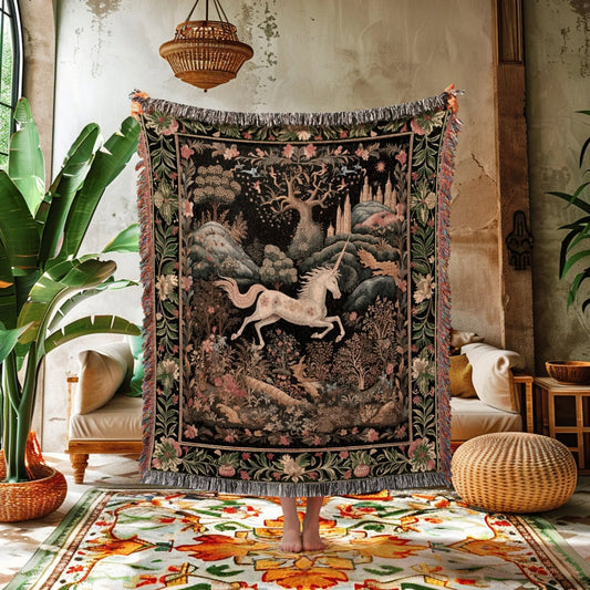 Fairytale Unicorn Woven Throw Tapestry Folklore Aesthetic