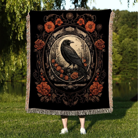 Goth Aesthetic Crow Woven Throw Tapestry Dark Academia
