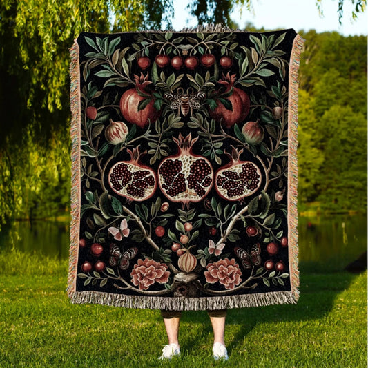 Botanical Pomegranate Woven Throw Tapestry Vintage Cottagegoth Gothic Decor