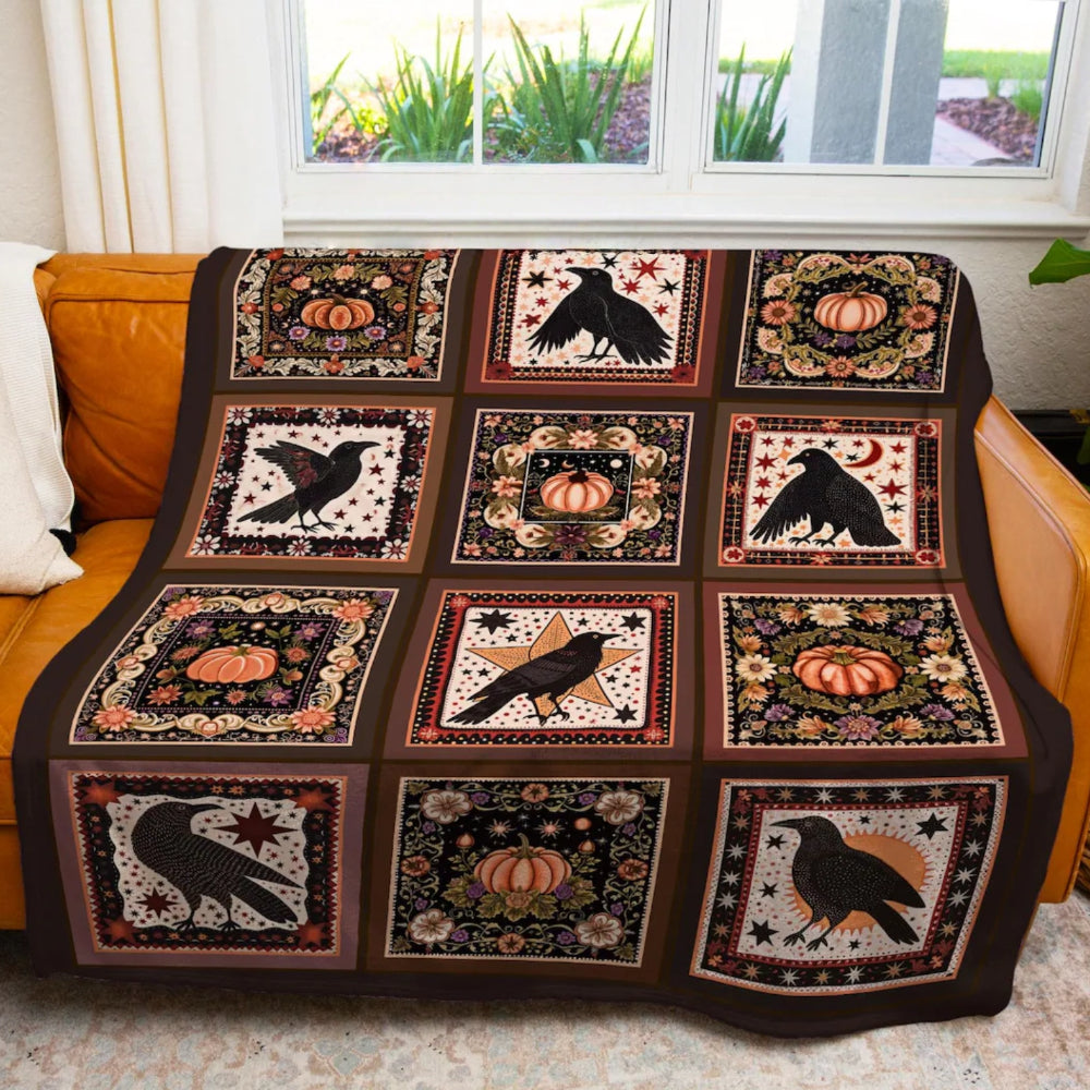 Retro Crow Pumpkin Farmhouse Throw Blanket Vintage Aesthetic