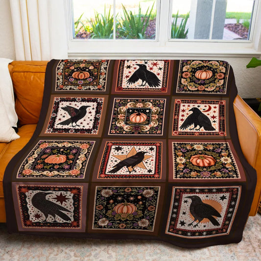 Retro Crow Pumpkin Farmhouse Throw Blanket Vintage Aesthetic