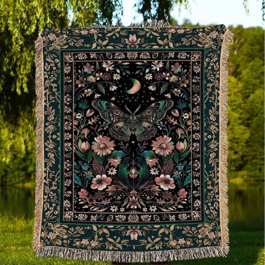Mystic Moonlit Garden Moth Woven Throw Tapestry