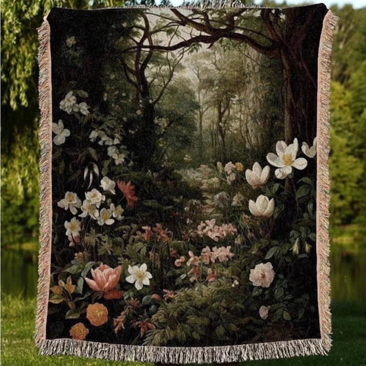 Dark Woodland Woven Throw Tapestry Botanical Fairy Decor