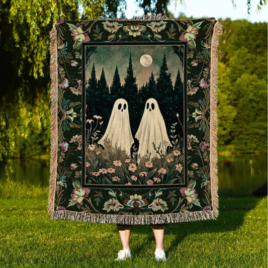 Floral Landscape Ghost Friends Woven Throw Tapestry Halloween Gothic Art
