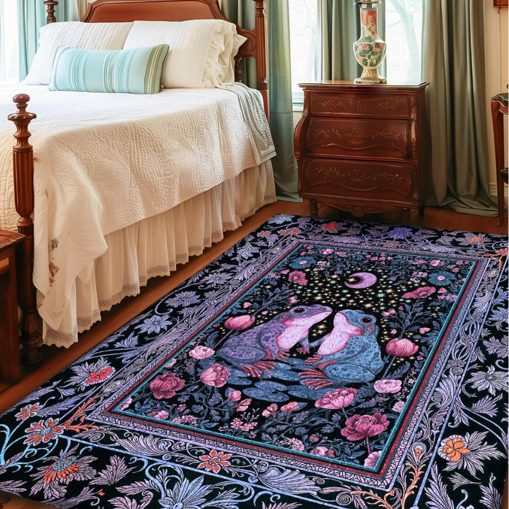 Dreamy Lavender Woodland Area Rug Cute Frog Couple Mystic Theme