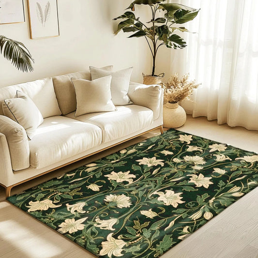 Floral Aesthetic Forest Green Rug Nordic Pastel Cottagecore