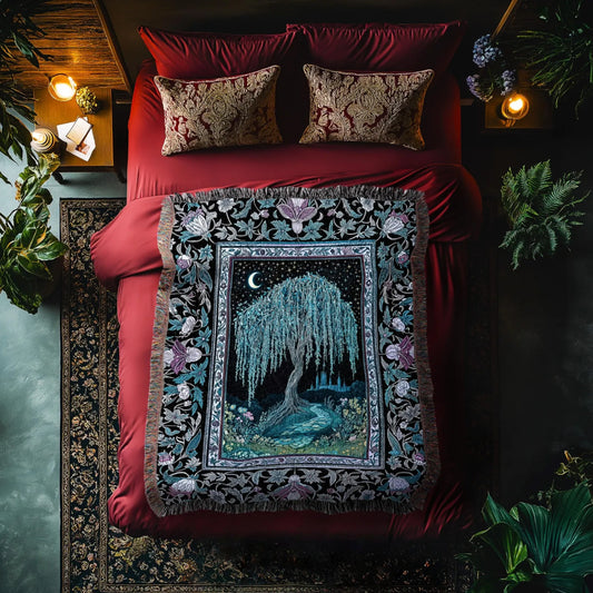 Dreamy Willow Tree Woven Throw Tapestry Enchanted Aesthetic Celestial Folklore