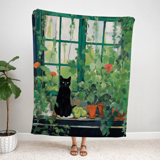 Botanical Cat Throw Blanket Cottagecore Vintage Art