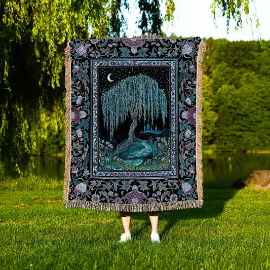 Dreamy Willow Tree Woven Throw Tapestry Enchanted Aesthetic Celestial Folklore