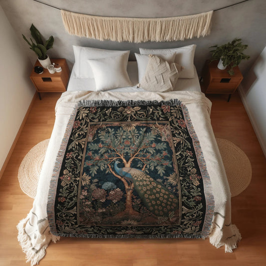 Peacock Woven Throw Tapestry Cottagecore Aesthetic Fairycore