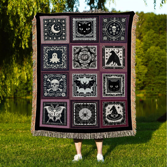 Pumpkin Bat Ghost Woven Throw Tapestry Retro Spooky Season Gift