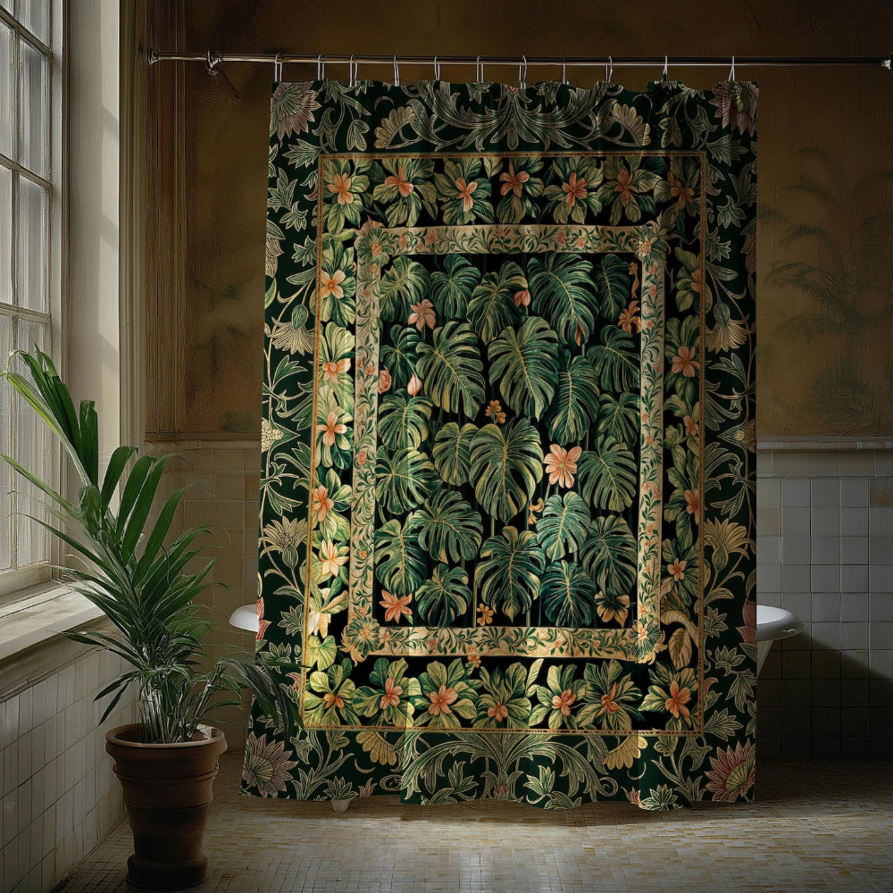 Monstera Shower Curtain Maximalist Aesthetic Emerald Green