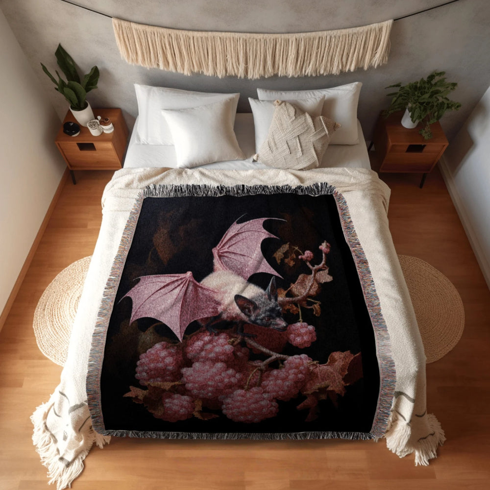 Mauve Pink Bat Woven Throw Tapestry Goth Art Decor