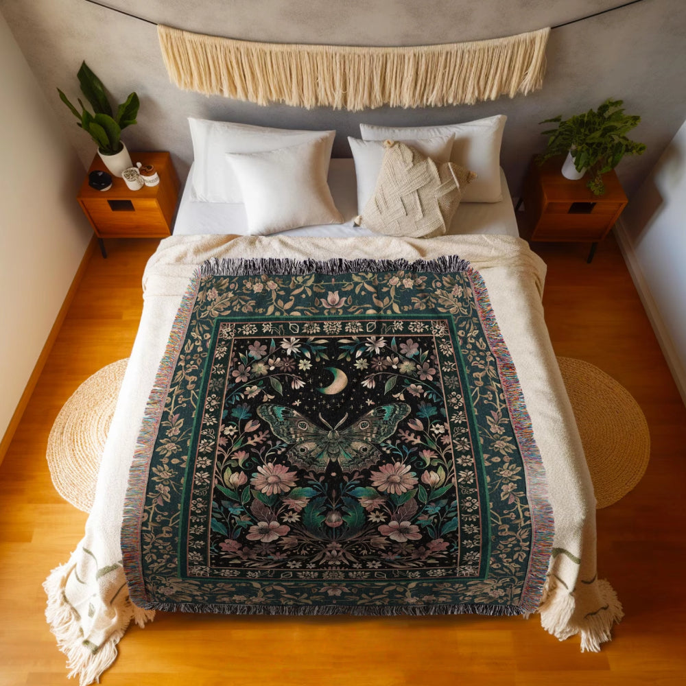 Mystic Moonlit Garden Moth Woven Throw Tapestry