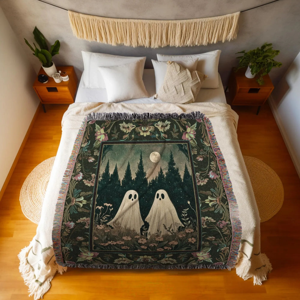 Floral Landscape Ghost Friends Woven Throw Tapestry Halloween Gothic Art