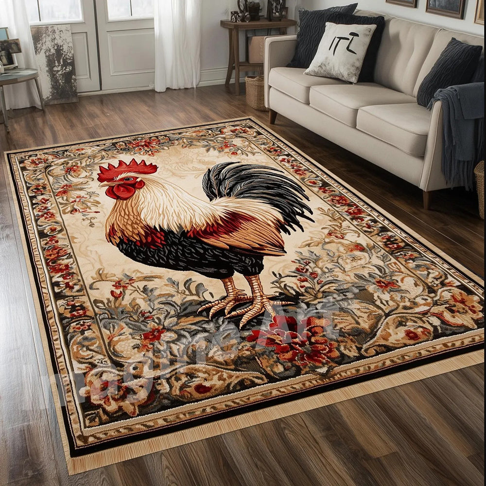 Floral Rooster Area Rug Machine Washable