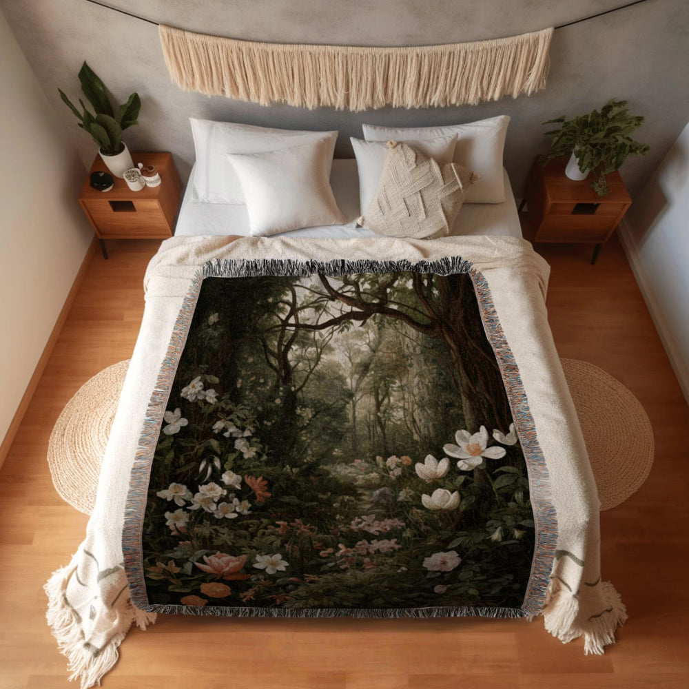Dark Woodland Woven Throw Tapestry Botanical Fairy Decor