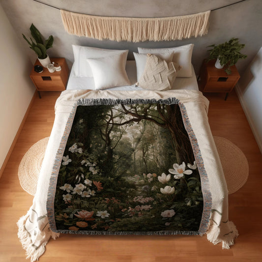 Dark Woodland Woven Throw Tapestry Botanical Fairy Decor